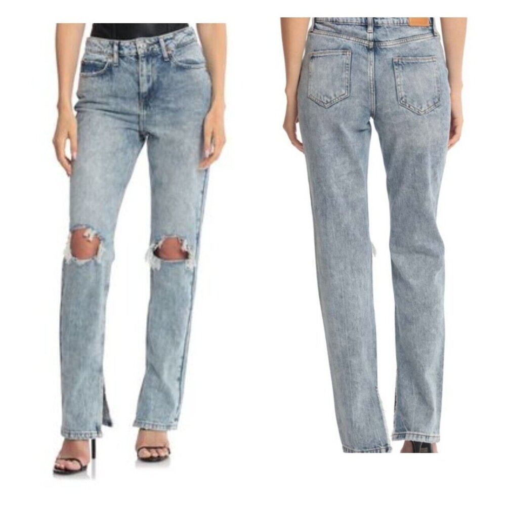 Avec Les Filles Straight High-Rise Split-Hem Acid Wash Distressed Jeans 30x33 Nw